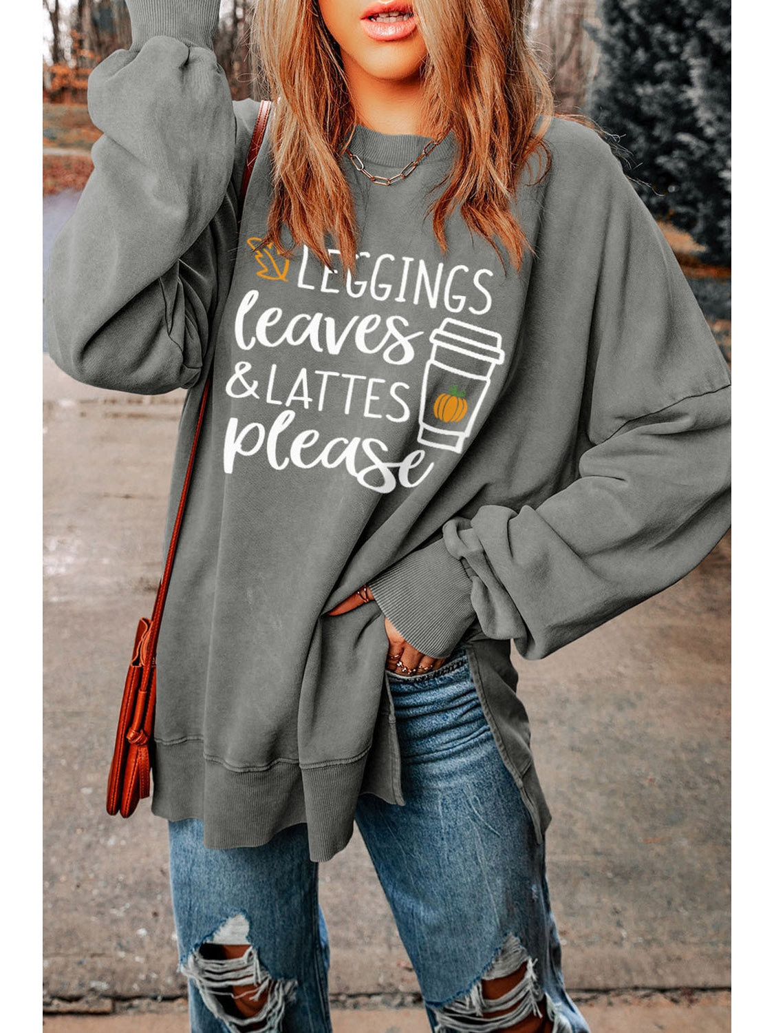 Round Neck Dropped Shoulder LEGGINGS LEAVES LATTES PLEASE Graphic Sweatshirt nicholesgifts