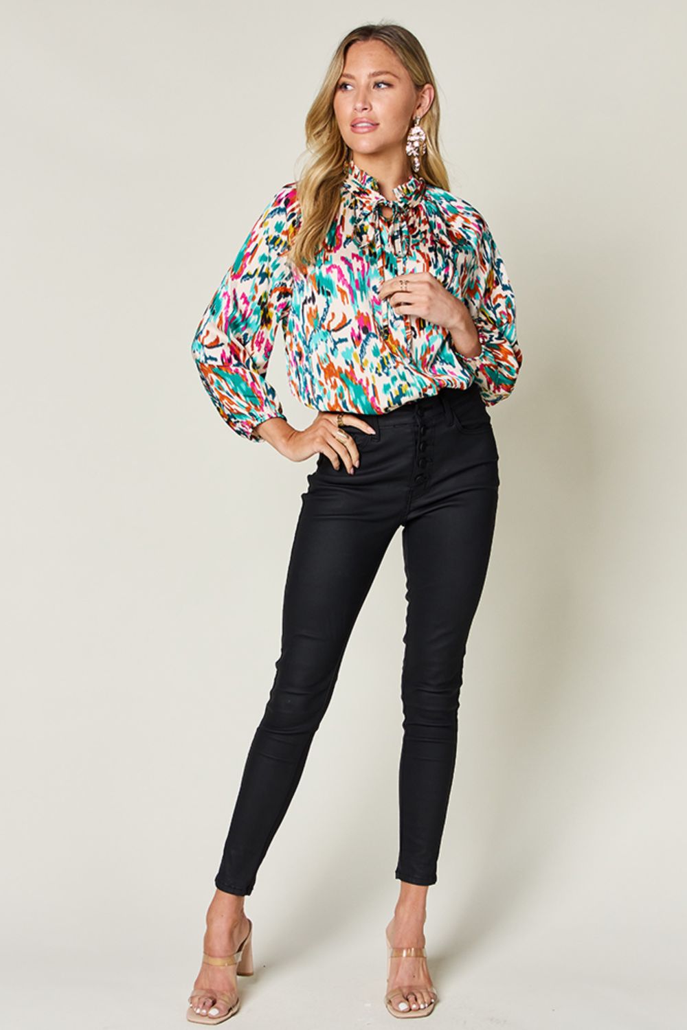 Women Double Take Full Size Printed Button Up Long Sleeve Shirt NicholesGifts
