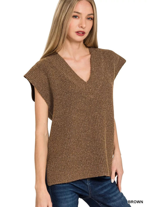 Zenana Ribbed Slit V-Neck Sweater Vest nicholesgifts