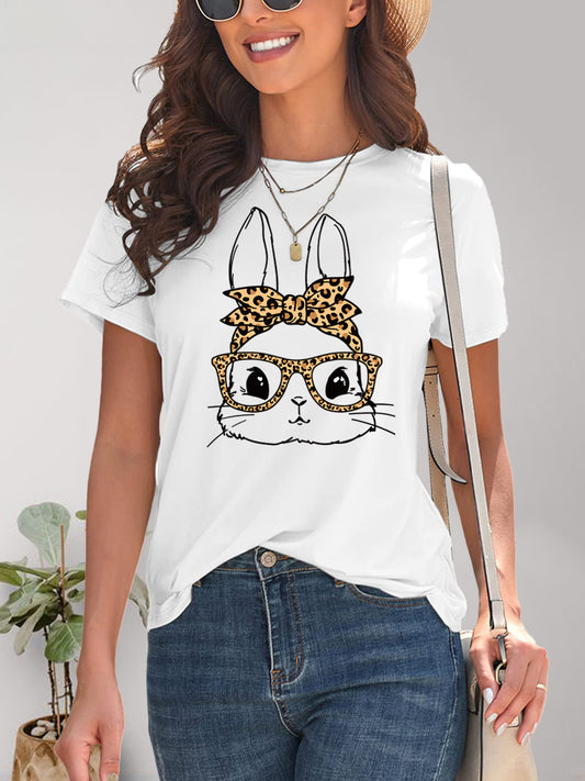 Women Rabbit Graphic Round Neck Short Sleeve Easter T-Shirt