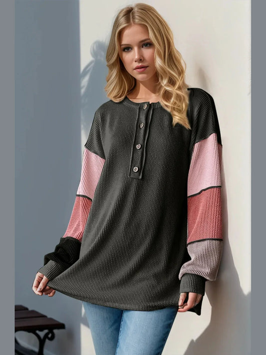 Double Take Full color block long sleeve round neck buttoned t-shirt with moderate stretch and opaque fabric