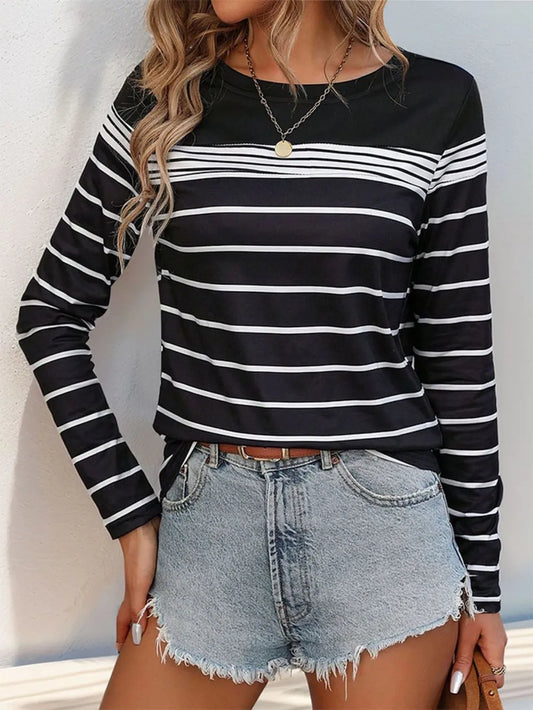 Perfee Striped Round Neck Long Sleeve T-Shirt NicholesGifts
