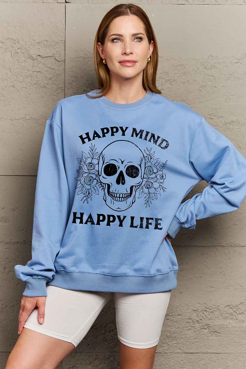 Simply Love Simply Love Full Size HAPPY MIND HAPPY LIFE SKULL Graphic Sweatshirt NicholesGifts