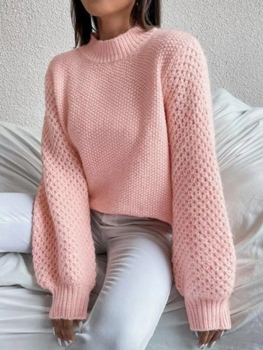 Openwork Mock Neck Long Sleeve Sweater Trendsi