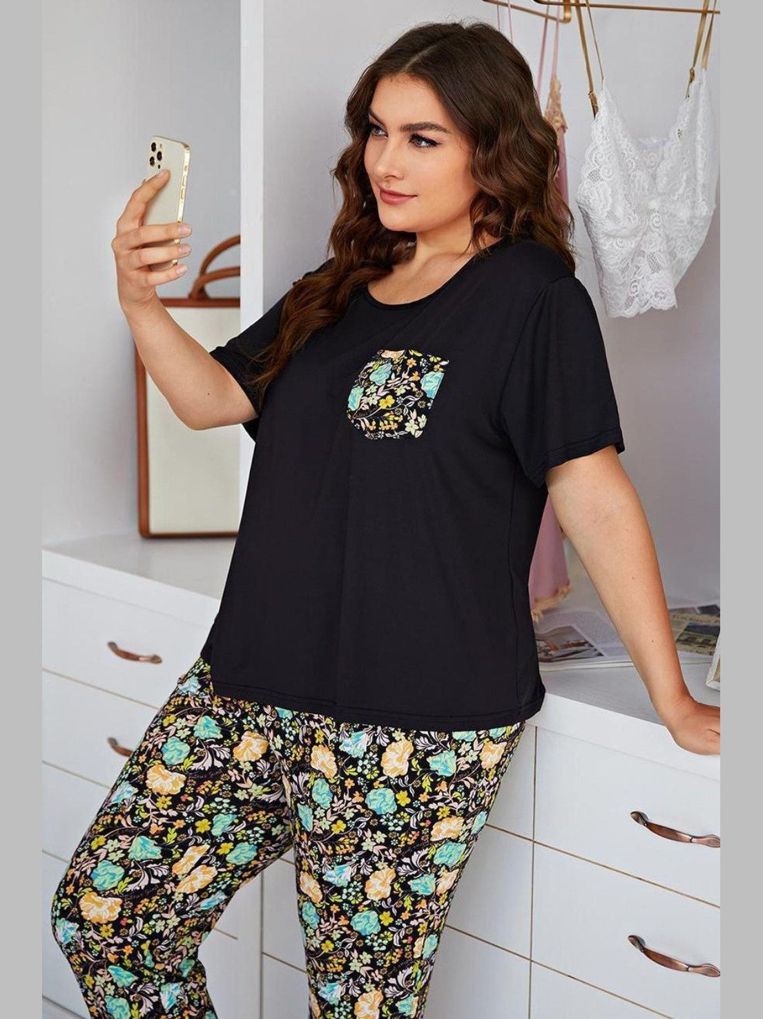 Plus Size Contrast Round Neck Tee and Floral Pants Lounge Set nicholesgifts