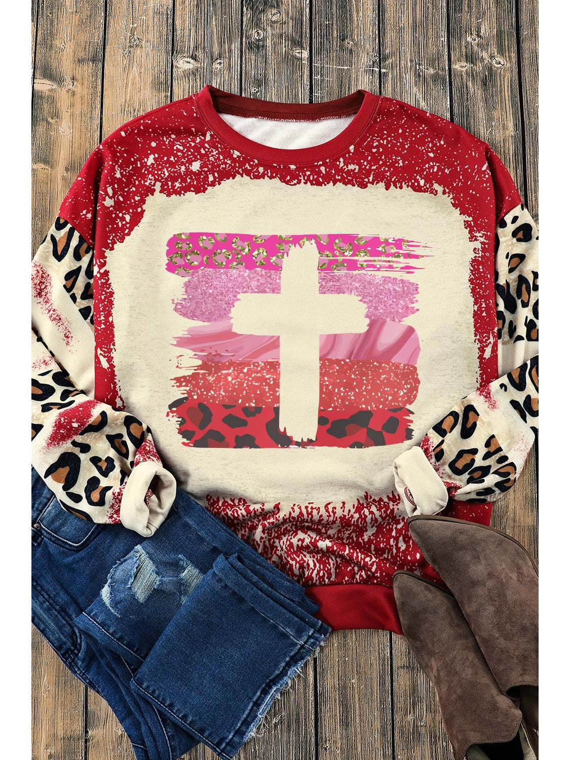 Women Leopard Round Neck Dropped Shoulder Sweatshirt