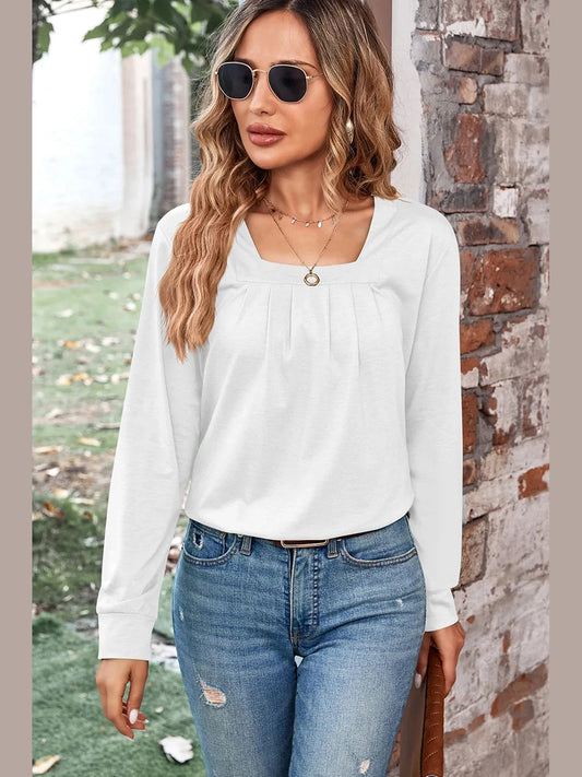 Ruched Square Neck Long Sleeve T-Shirt NicholesGifts