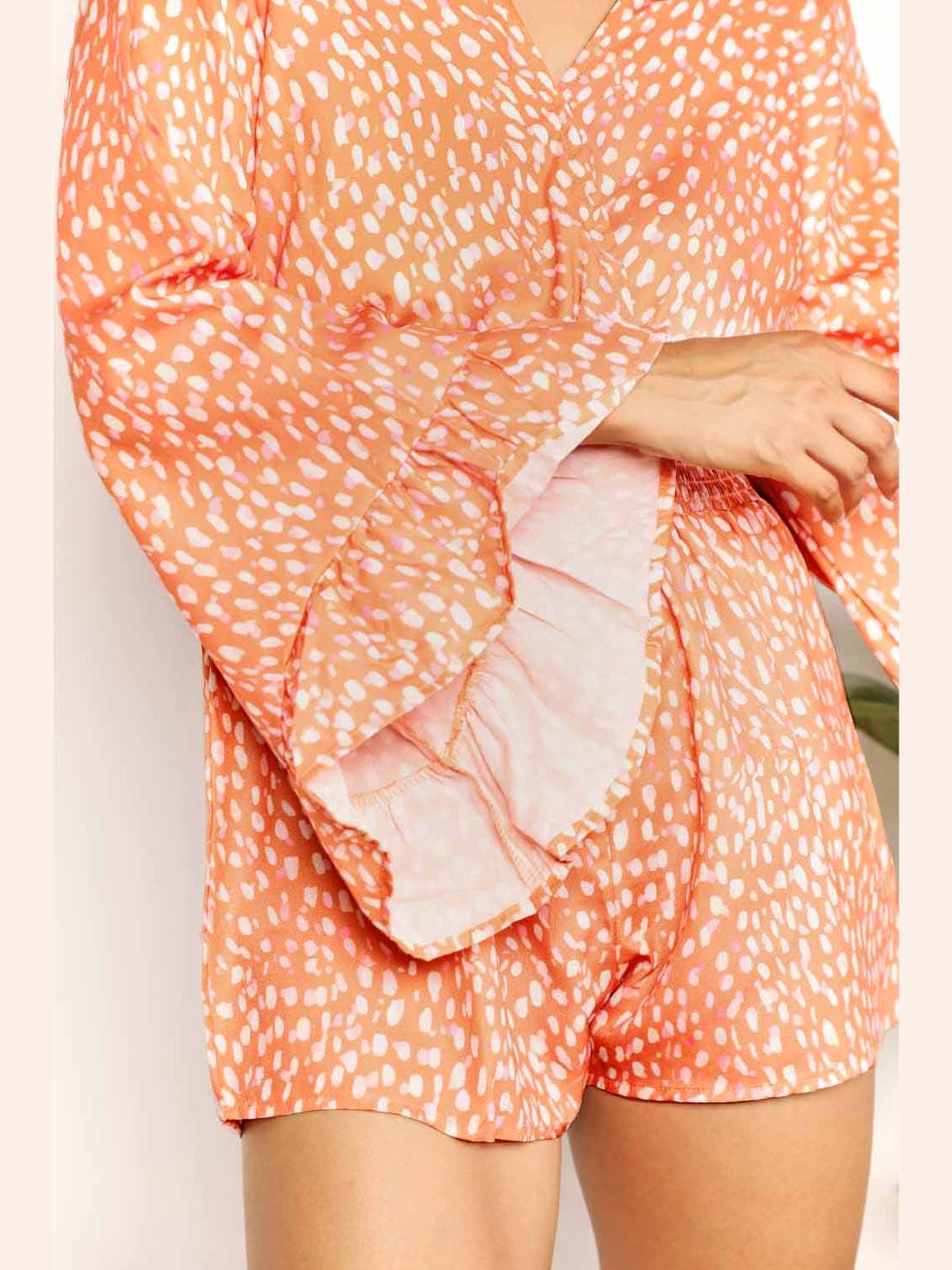 Double Take Printed Flare Sleeve Surplice Romper nicholesgifts