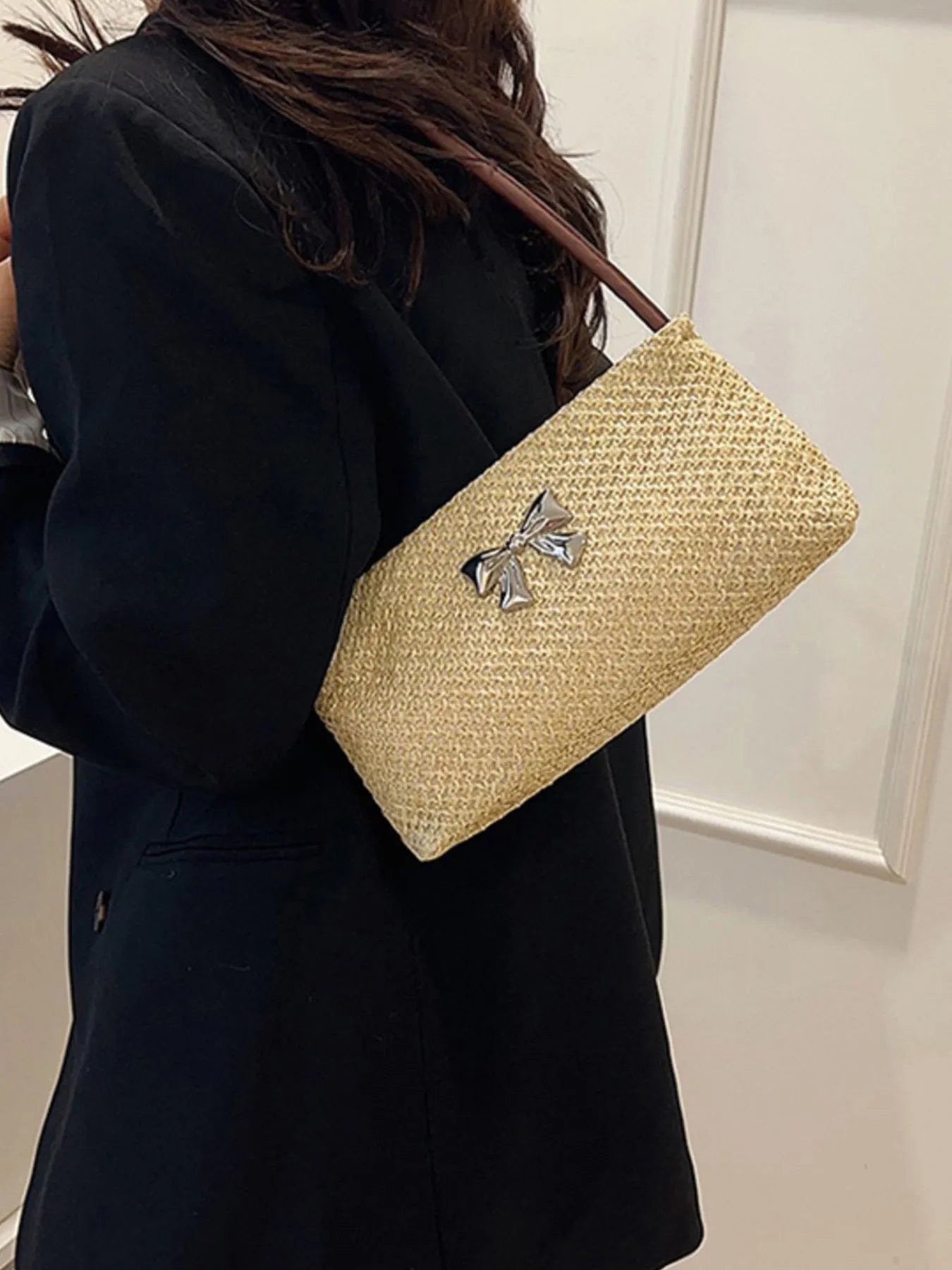 Woven Straw Shoulder Bag with Bow Detail Trendsi