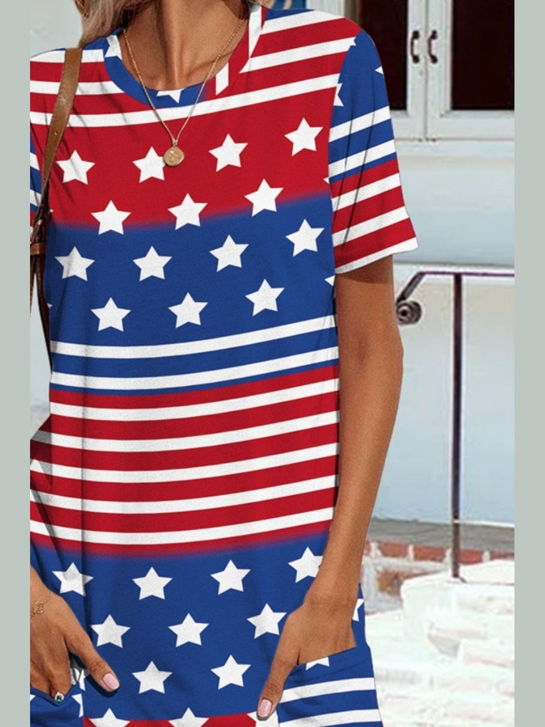 Pocketd US Flag Printed Short Sleeve Dress NicholesGifts