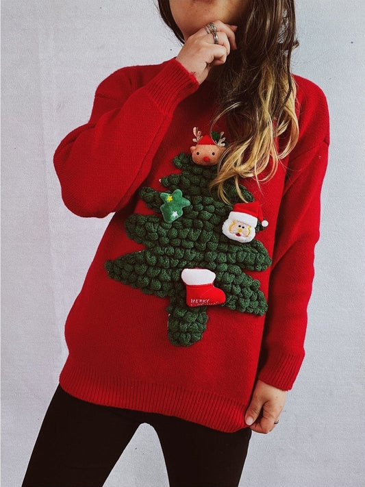 Christmas Tree Round Neck Long Sleeve Sweater nicholesgifts