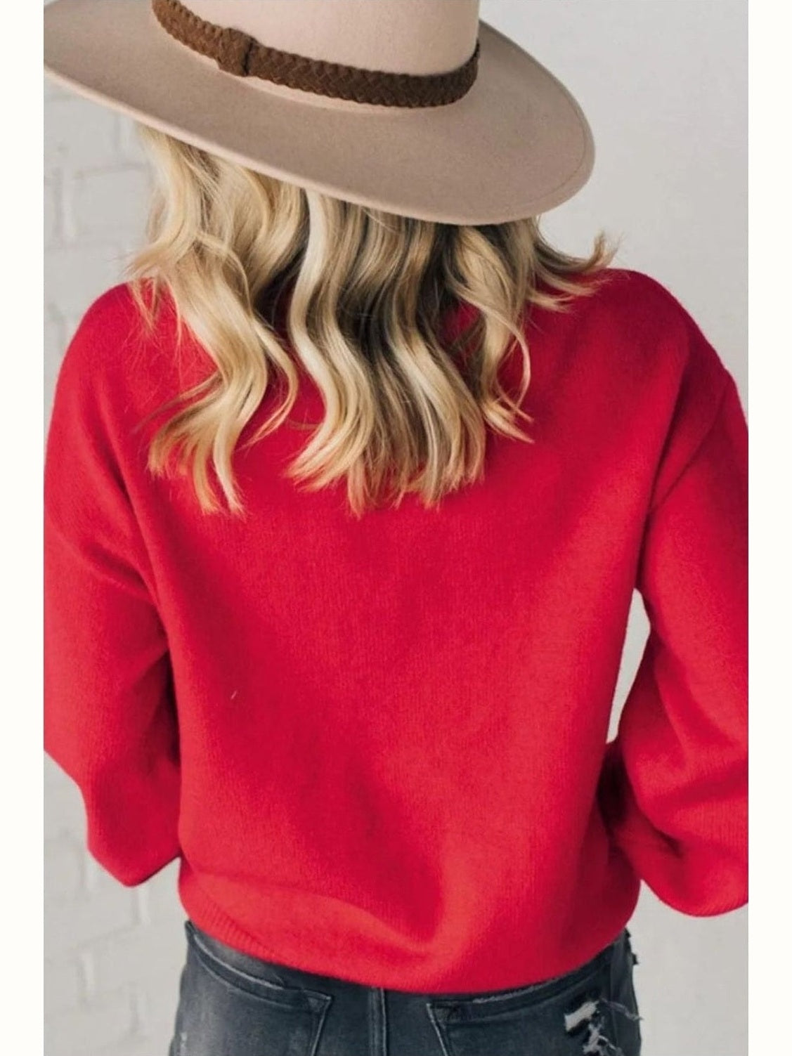 Letter Pearl Detail Round Neck Long Sleeve Sweater