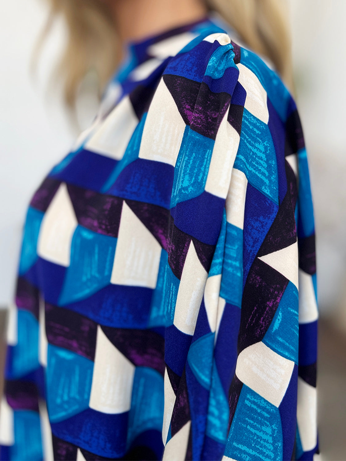 Women Double Take Full Size Geometric Notched Half Sleeve Blouse nicholesgifts
