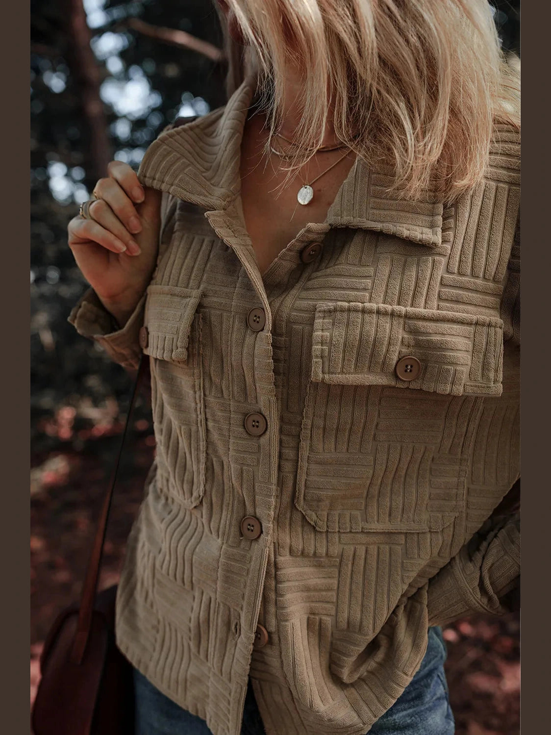 Textured Pocketed Collared Neck Long Sleeve Shacket Trendsi