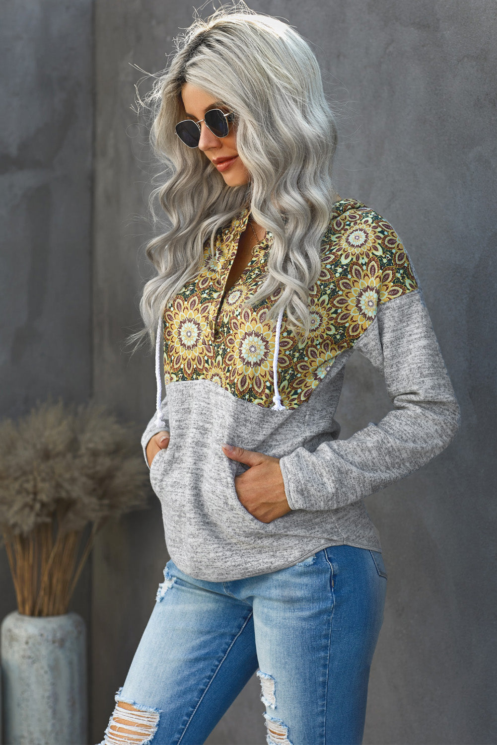 NicholesGifts Women Floral Drawstring Half Snap Hoodie NicholesGifts