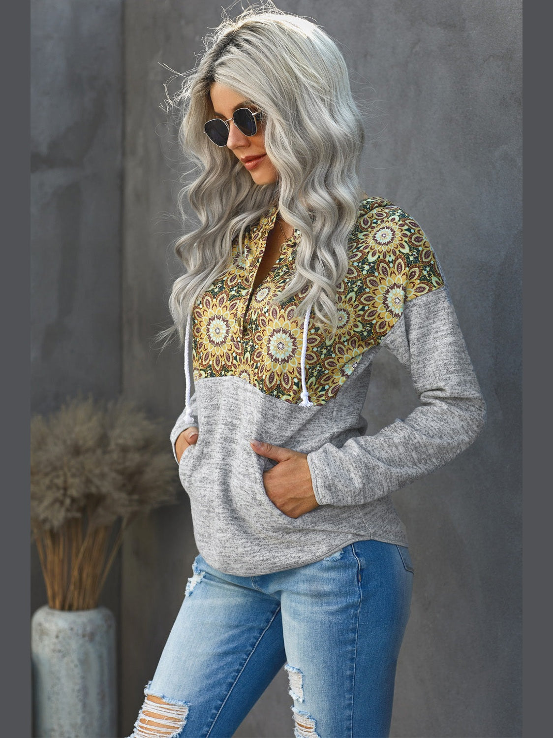 NicholesGifts Women Floral Drawstring Half Snap Hoodie