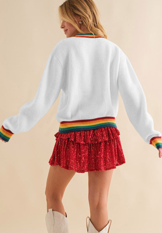 NicholesGifts Women Merry & Bright Ribbed Round Neck Christmas Sweater NicholesGifts