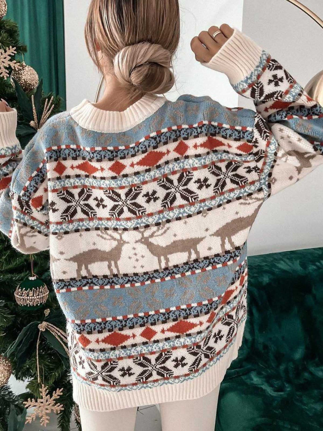 Geometric Round Neck Dropped Shoulder Sweater NicholesGifts