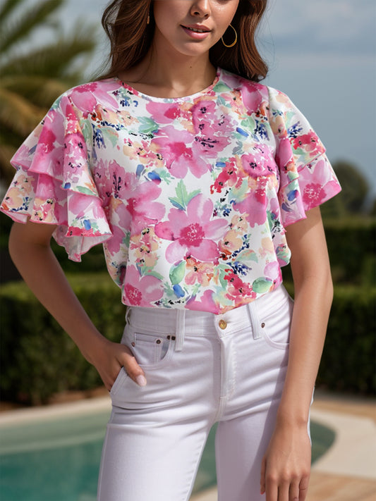 Floral Round Neck Flutter Sleeve Blouse NicholesGifts