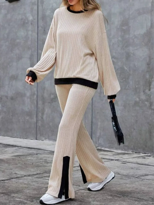 Contrast Round Neck Long Sleeve Top and Bootcut Pants Set nicholesgifts