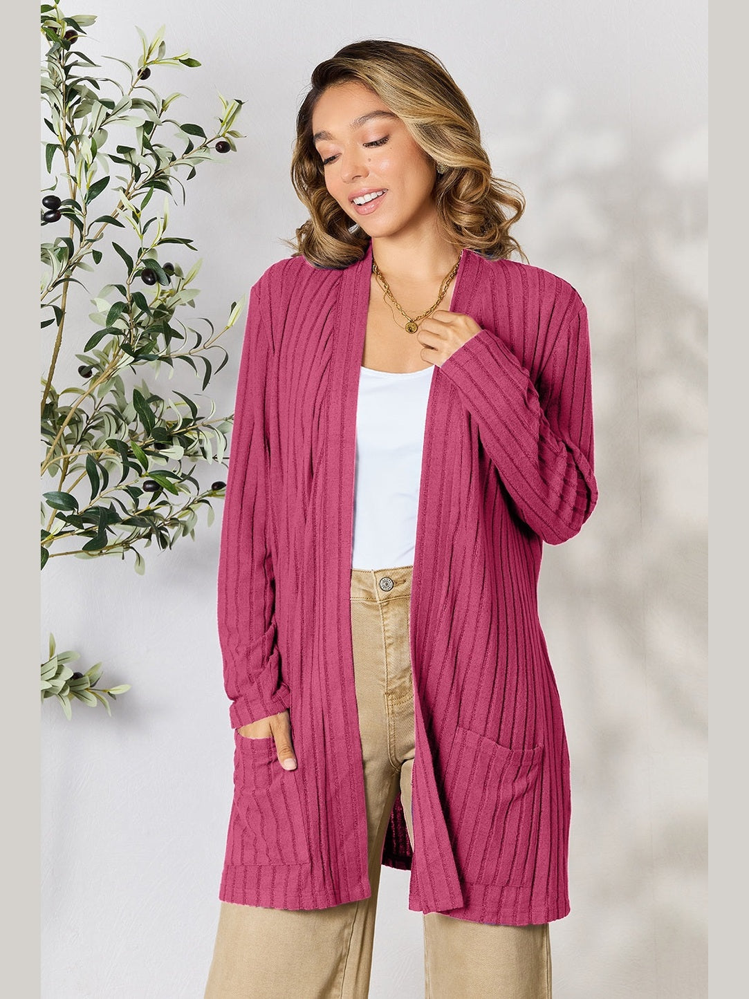 NicholesGifts Women Basic Bae Full Size Ribbed Open Front Cardigan with Pockets NicholesGifts