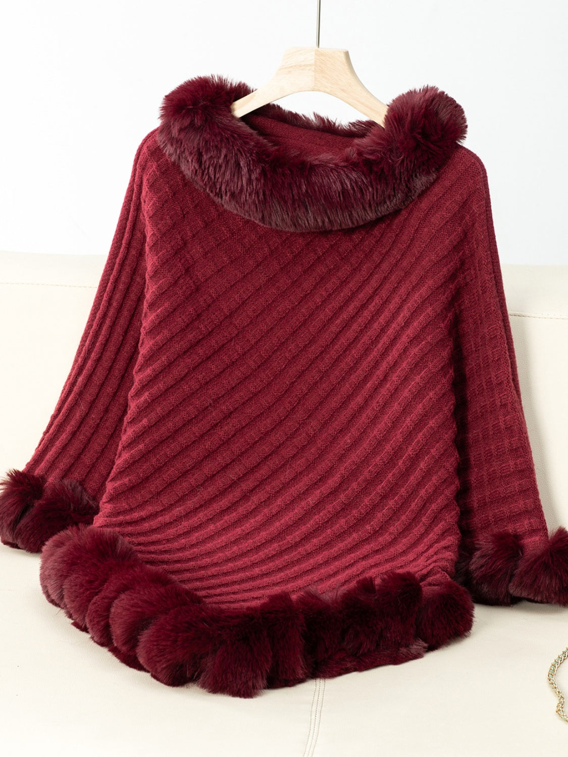 NicholesGifts Women Fuzzy Trim Texture Three-Quarter Sleeve Poncho NicholesGifts