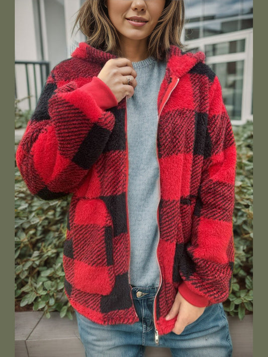 Double Take Full Size Plaid Long Sleeve Hooded Coat NicholesGifts