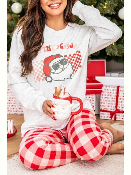 ITS THE SEASON Round Neck Top and Plaid Pants Lounge Set