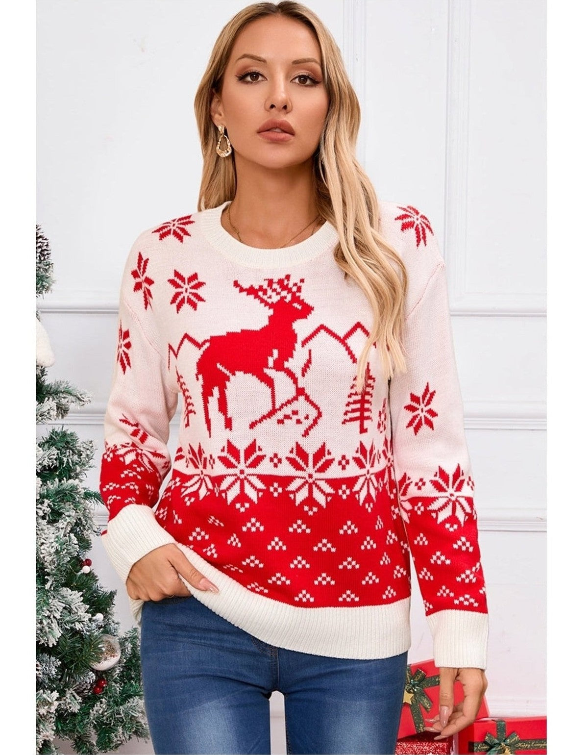 Angel Wings Deer Pattern Round Neck Long Sleeve Sweater