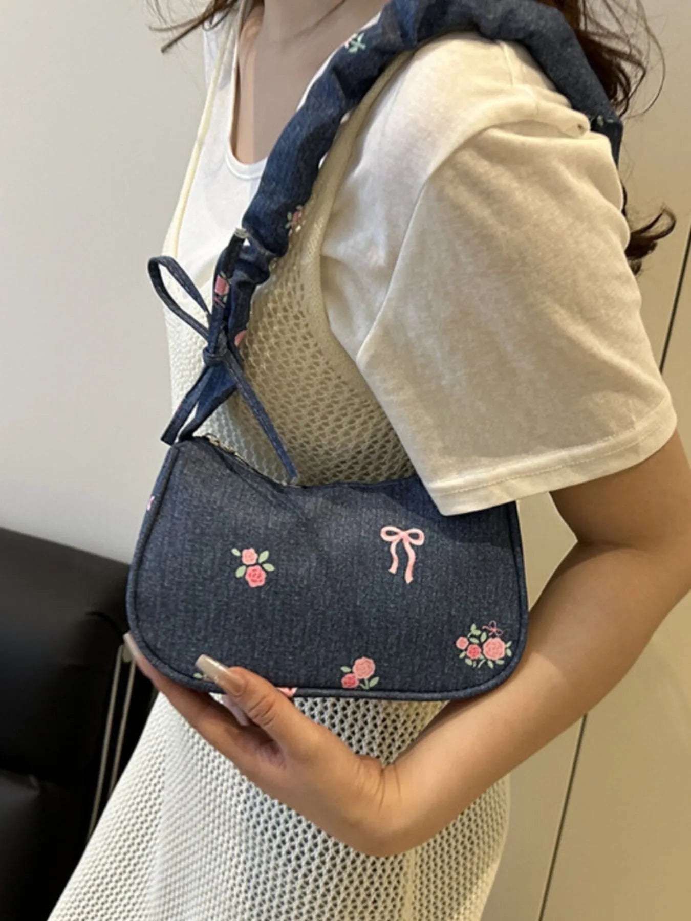 Embroidered Ruched Strap Shoulder Bag Trendsi