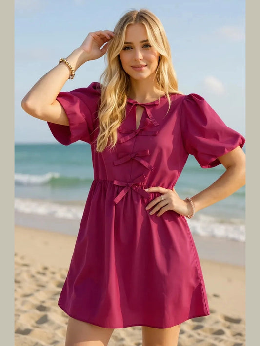 Oh Bow Ruched Puff Sleeve Mini Dress NicholesGifts