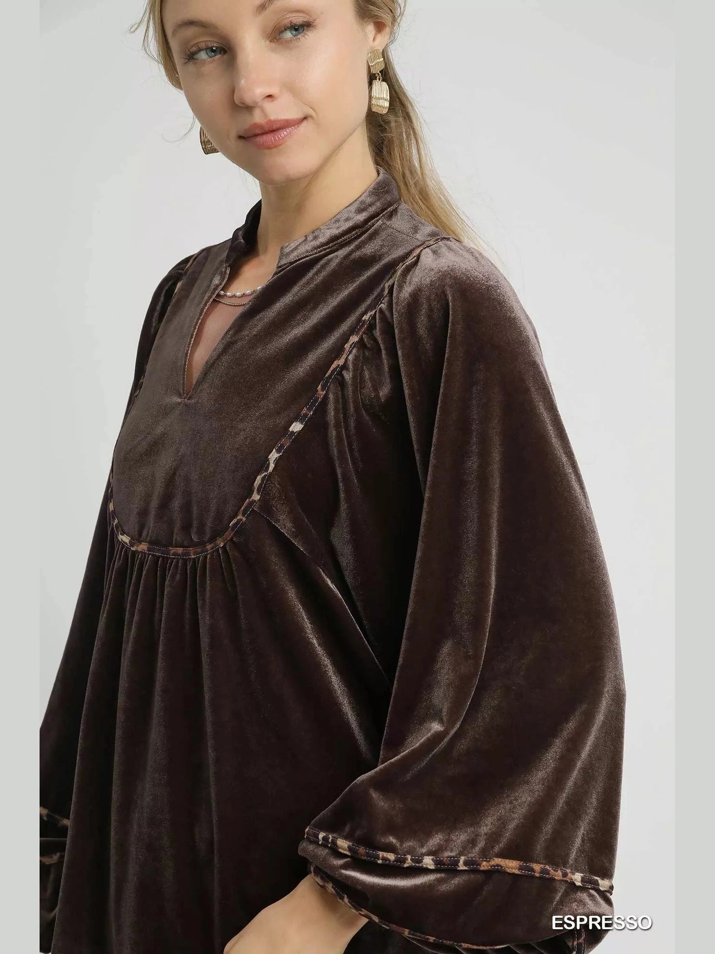 Umgee Velvet Long Sleeve Blouse with Contrast Trim Trendsi