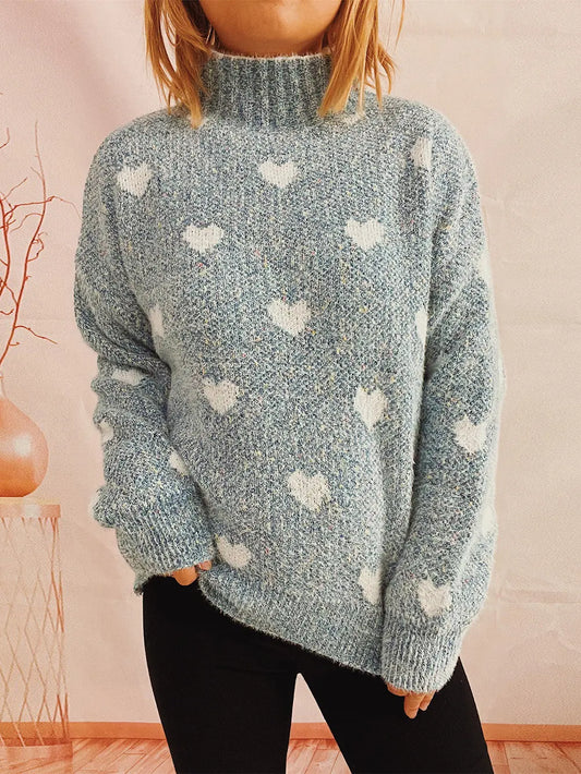 Heart Heathered Turtleneck Drop Shoulder Sweater Trendsi