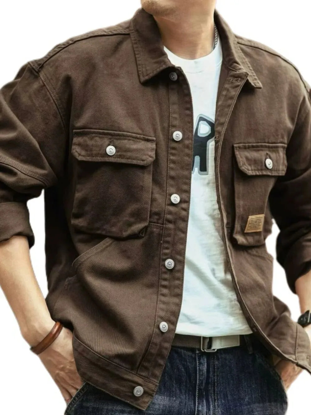 Men's Washed Collared Neck Cargo Jacket Trendsi