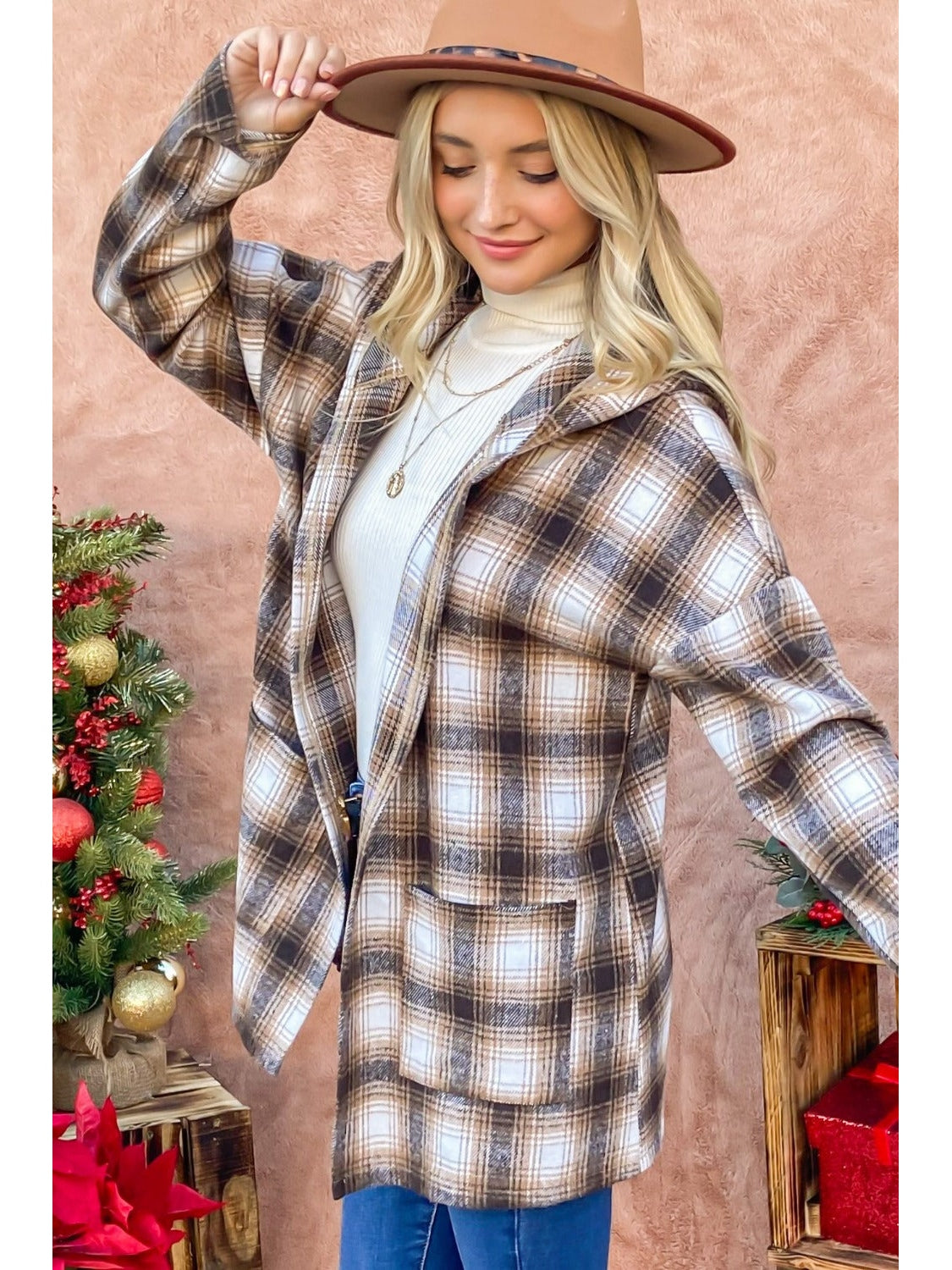 NicholesGifts Women And The Why Plaid Open Front Hooded Shacket NicholesGifts