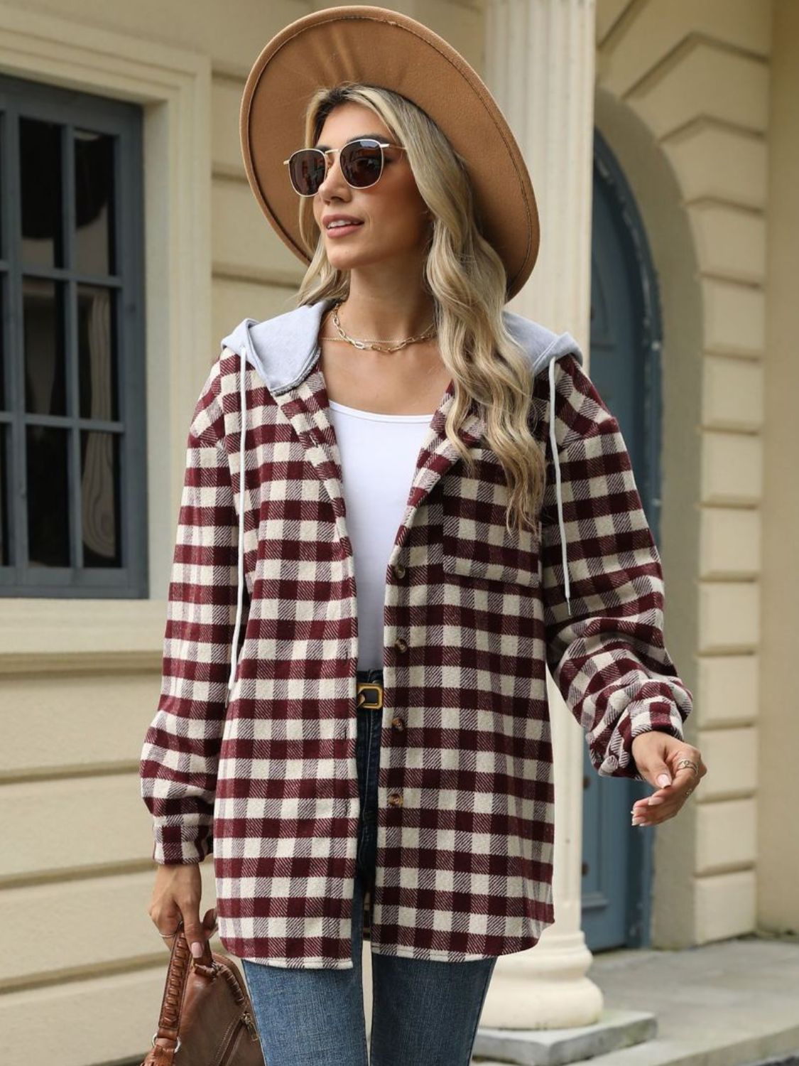 NicholesGifts Women Drawstring Plaid Long Sleeve Hooded Jacket NicholesGifts