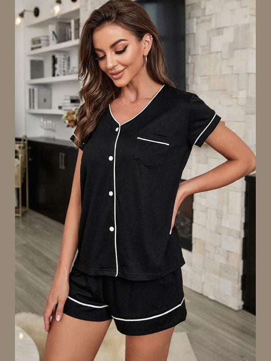 Contrast Piping Button-Up Top and Shorts Pajama Set nicholesgifts