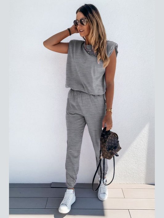 Padded Shoulder Top and Joggers Lounge Set