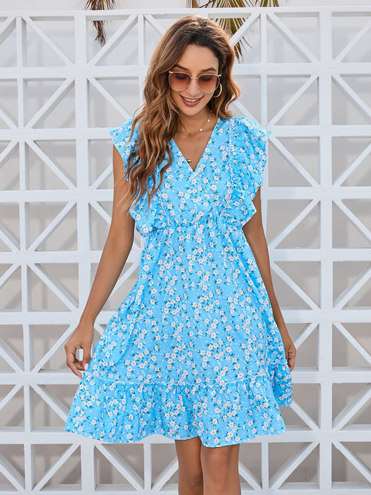 Women Ruffled Ditsy Floral Surplice Mini Dress