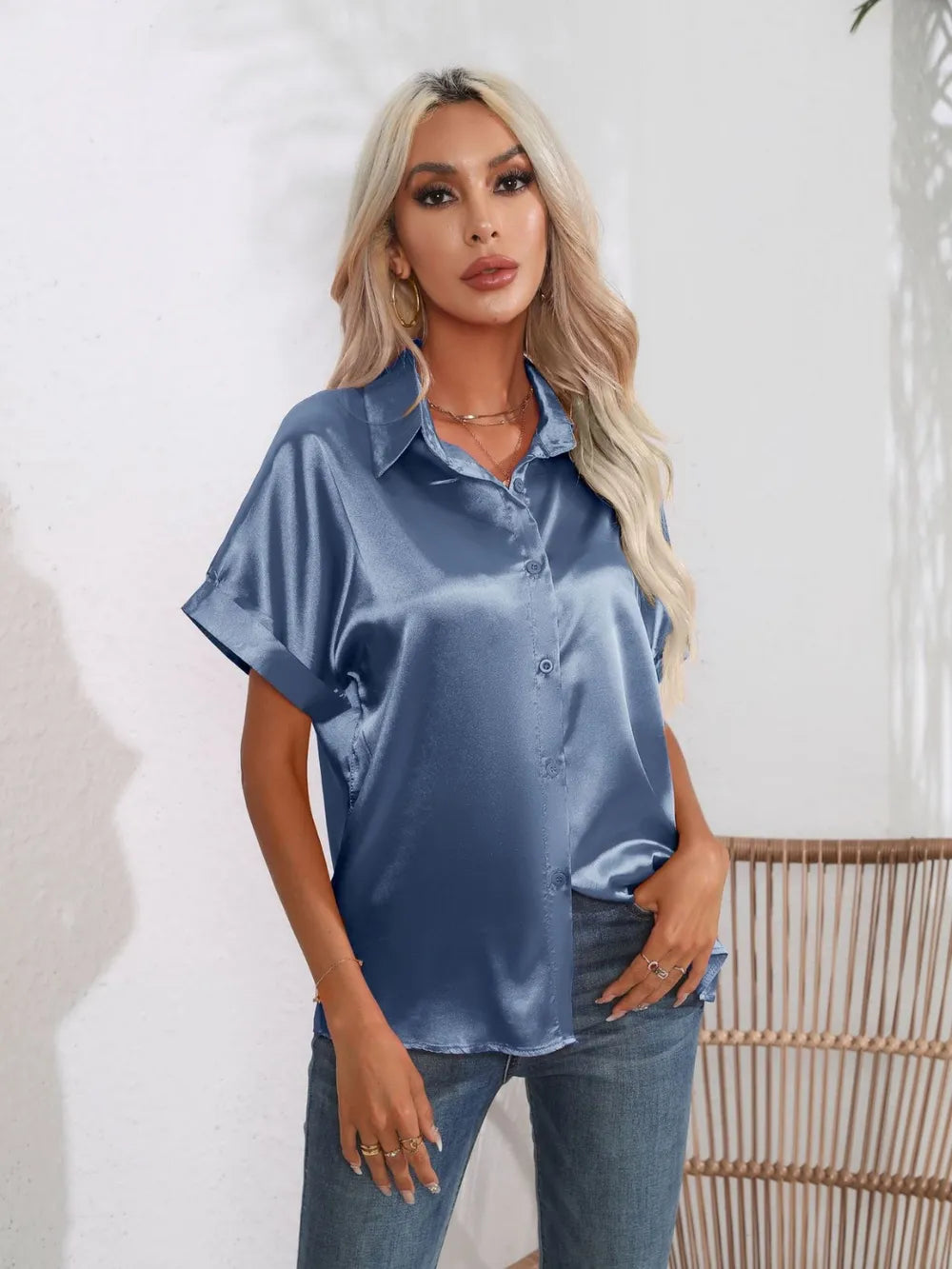 Button Down Collared Neck Short Sleeve Satin Shirt