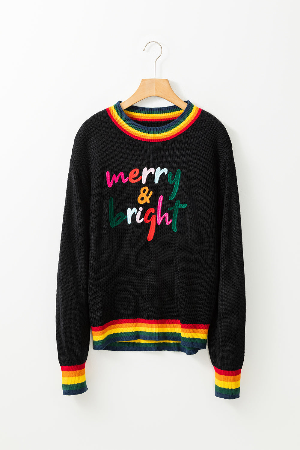 NicholesGifts Women Merry & Bright Ribbed Round Neck Christmas Sweater NicholesGifts