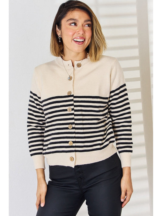 Women Striped Button Up Long Sleeve Cardigan