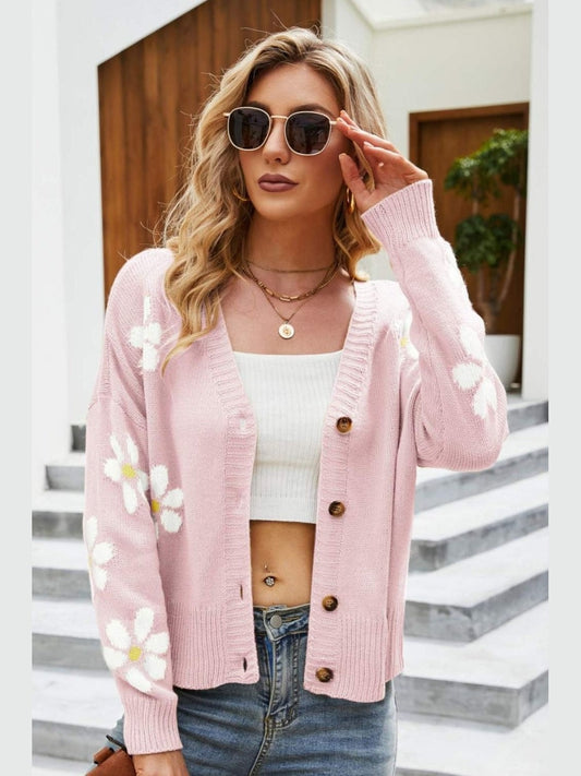 NicholesGifts Women Floral Ribbed Trim Drop Shoulder Cardigan