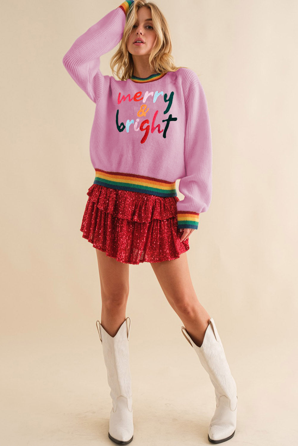 NicholesGifts Women Merry & Bright Ribbed Round Neck Christmas Sweater NicholesGifts