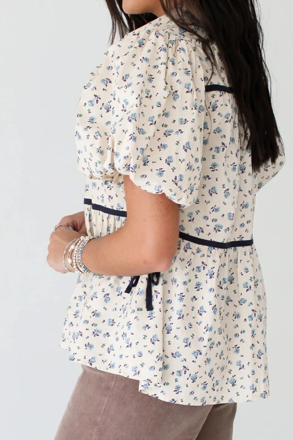 Contrast Trim Floral Puff Short Sleeve Shirt