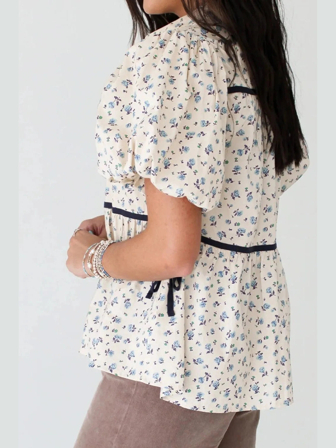 Contrast Trim Floral Puff Short Sleeve Shirt