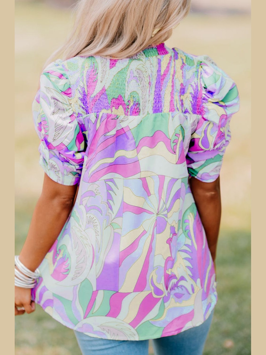 Smocked Round Neck Short Sleeve Blouse