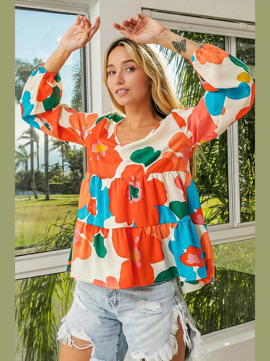 BiBi Floral Woven Tiered V Neck Top