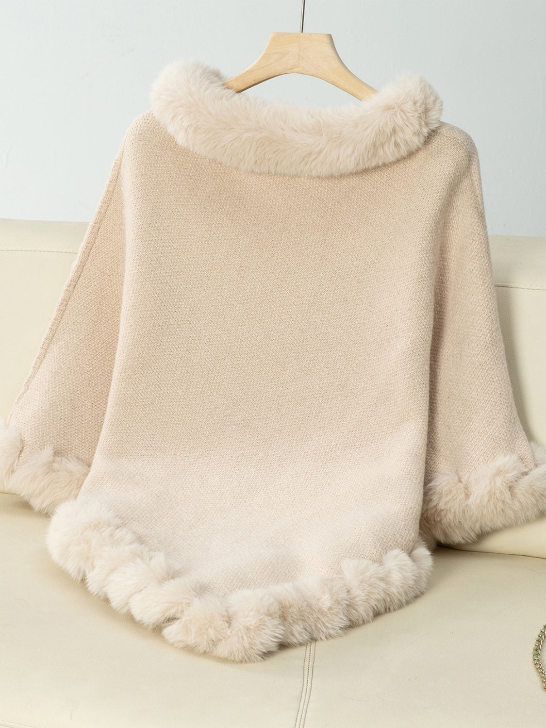 NicholesGifts Women Fuzzy Trim Texture Three-Quarter Sleeve Poncho NicholesGifts