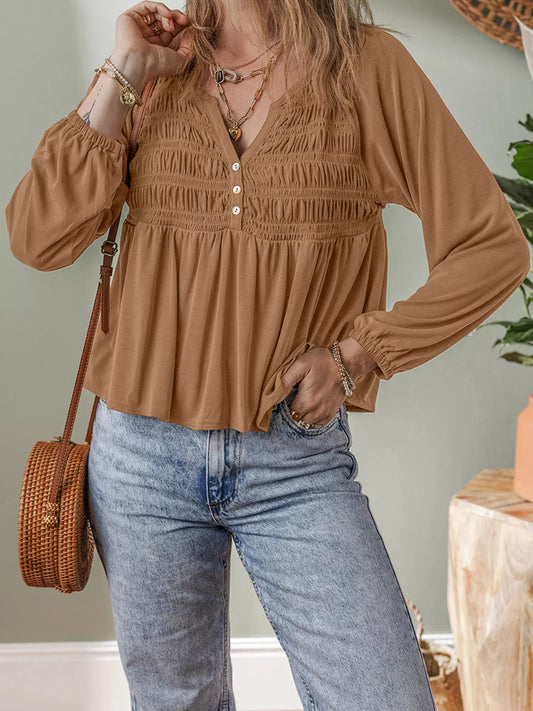 Smocked Buttoned Split V Neck Flow Fit Blouse Trendsi